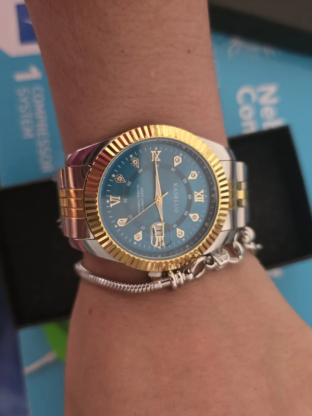 Men's Two-Tone Gold & Silver Watch with Blue Dial